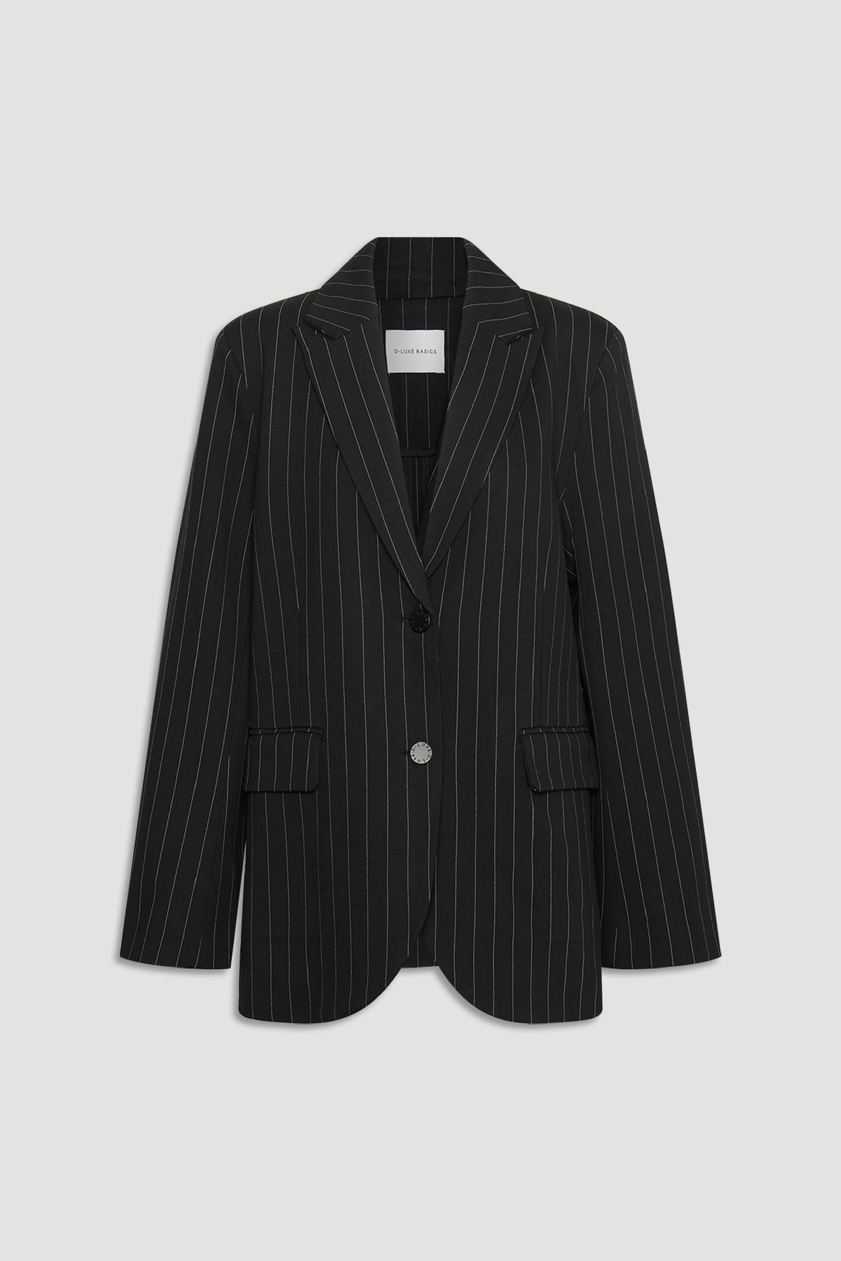 D-Luxe Pinstripe Blazer in black with subtle vertical stripes and tailored lapels for a polished, versatile wardrobe staple.