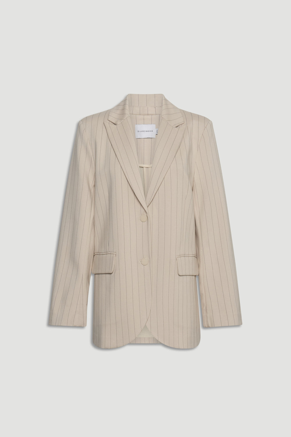 D-Luxe Pinstripe Blazer in soft beige with fine vertical stripes and classic tailored fit by Decjuba Australian fashion brand