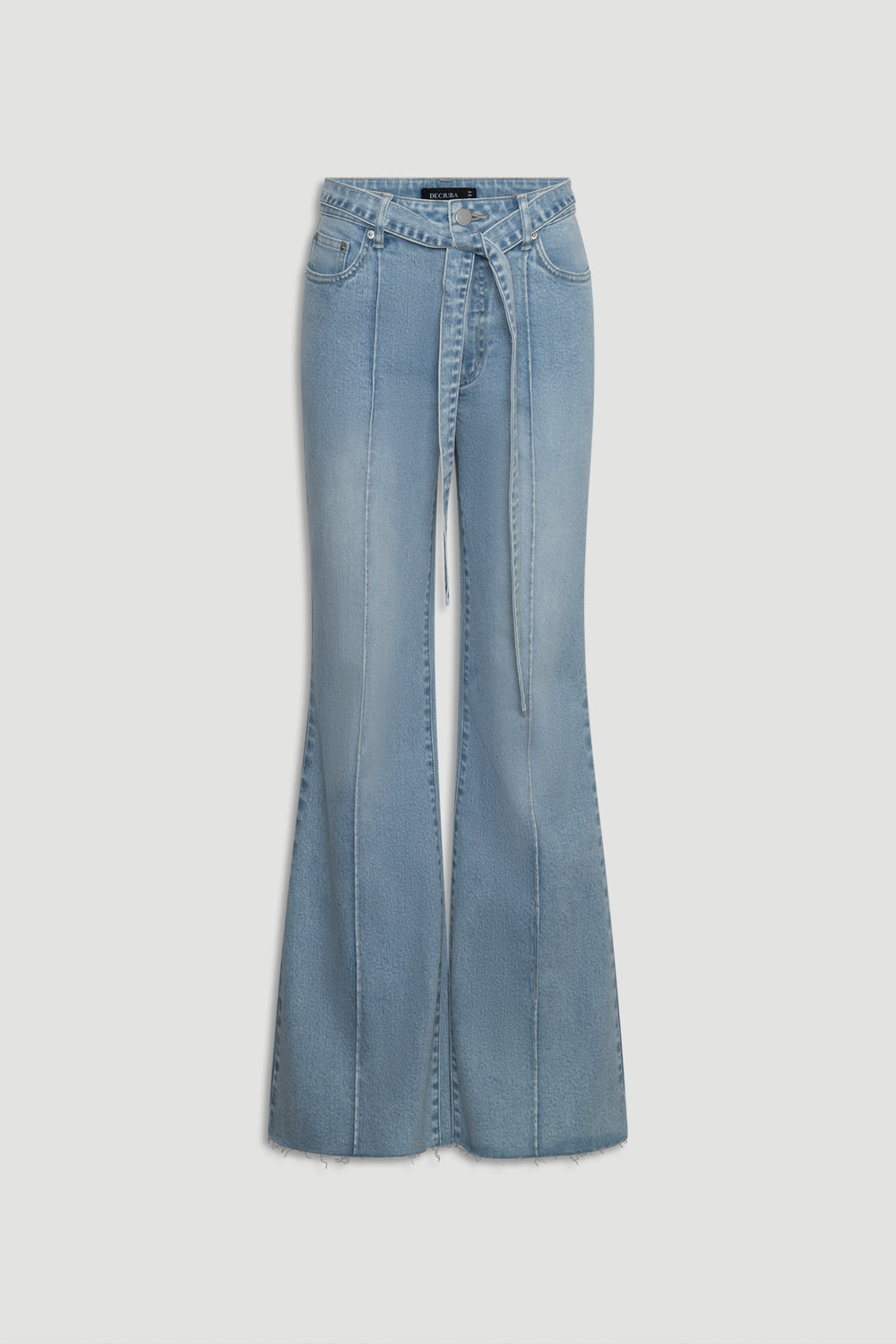 Light blue denim Freya Flare Jean with a high waist, front seam detail, and a matching tie belt for a flattering fit