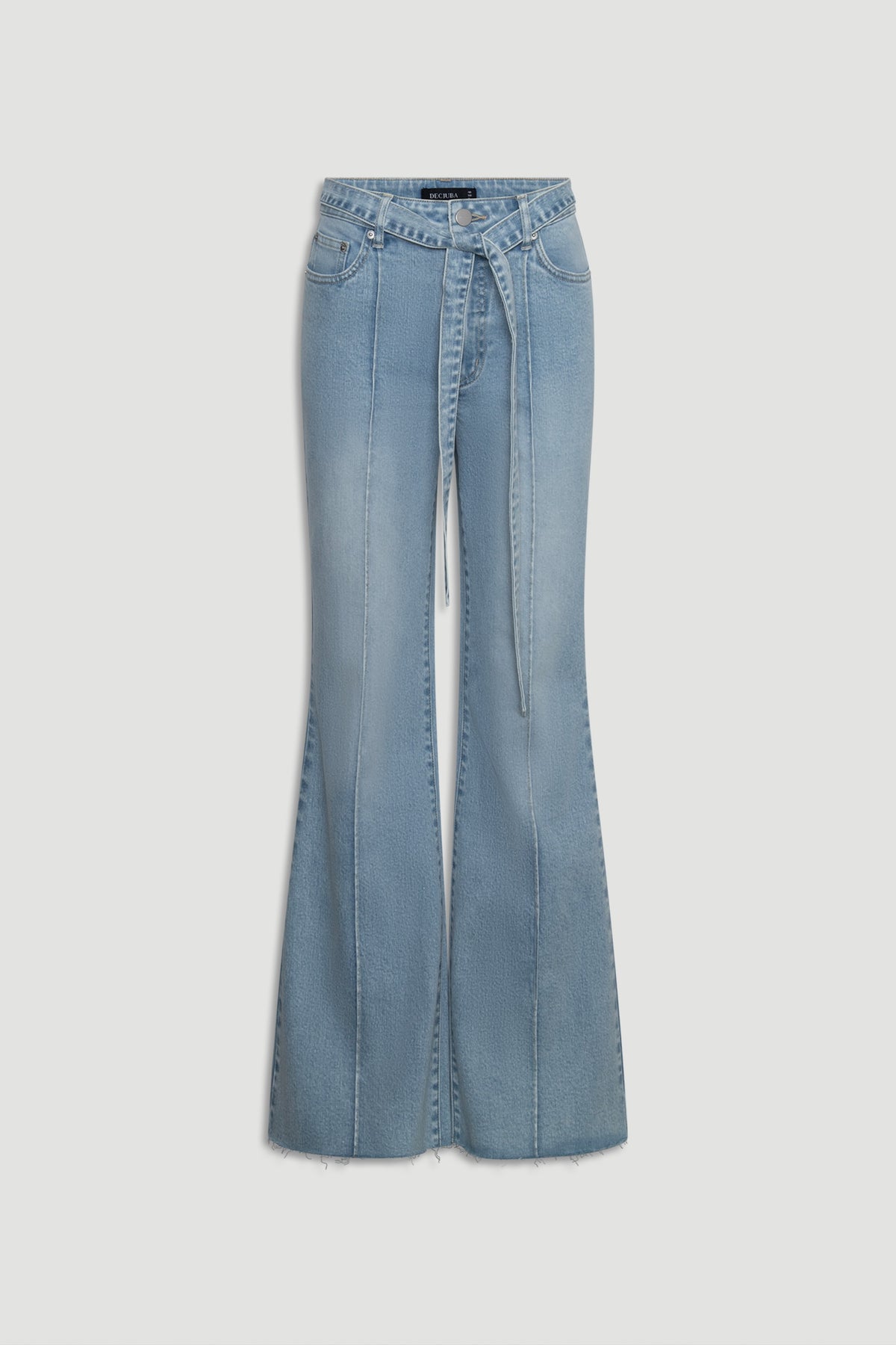Light blue denim Freya Flare Jean with a high waist, front seam detail, and a matching tie belt for a flattering fit