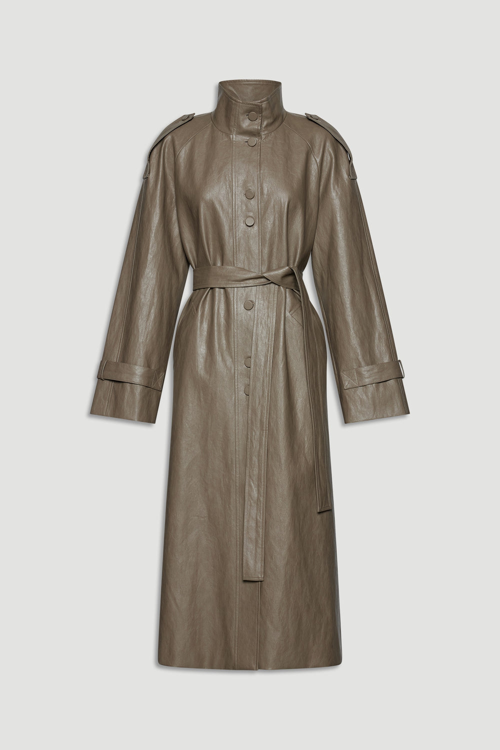 Taupe faux leather trench coat with a belted waist and button details for a sleek, modern outerwear look