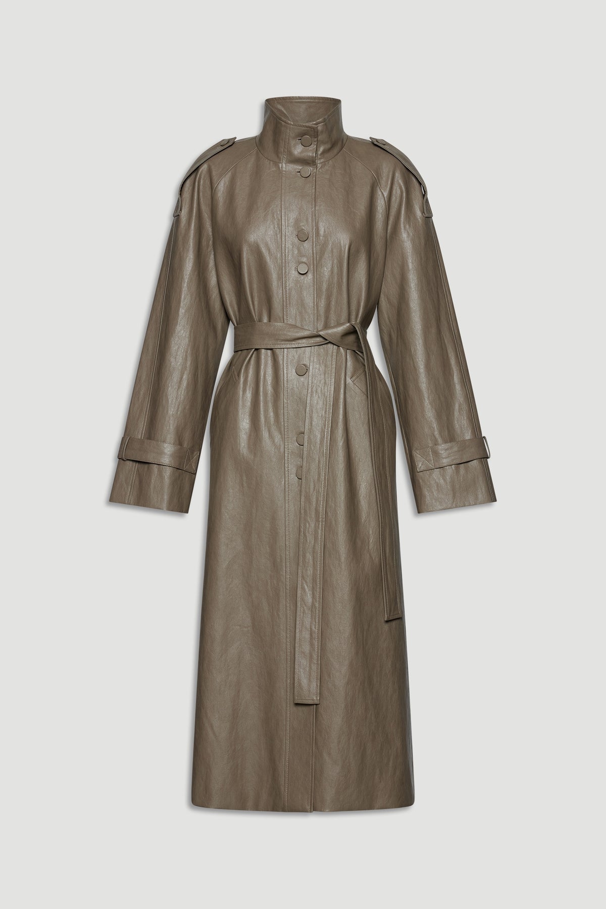 Taupe faux leather trench coat with a belted waist and button details for a sleek, modern outerwear look
