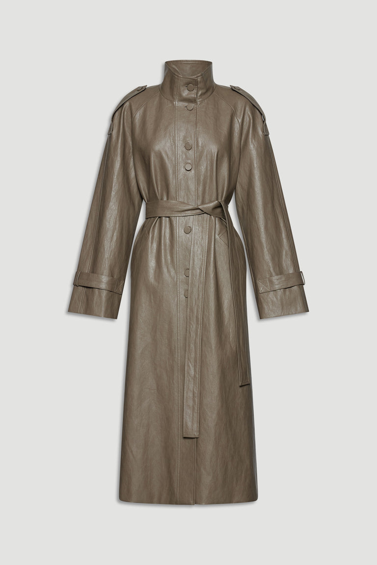 Taupe faux leather trench coat with a belted waist and button details for a sleek, modern outerwear look