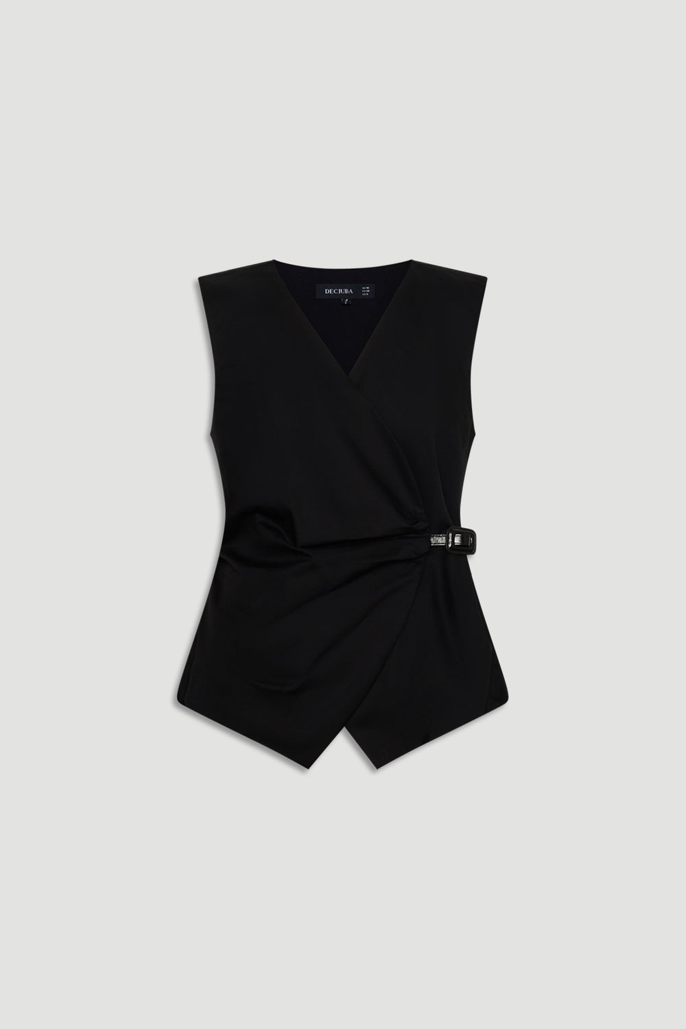 Ava Belted Wrap Top in black with sleeveless silhouette, V-neckline, and side buckle detail by DECJUBA