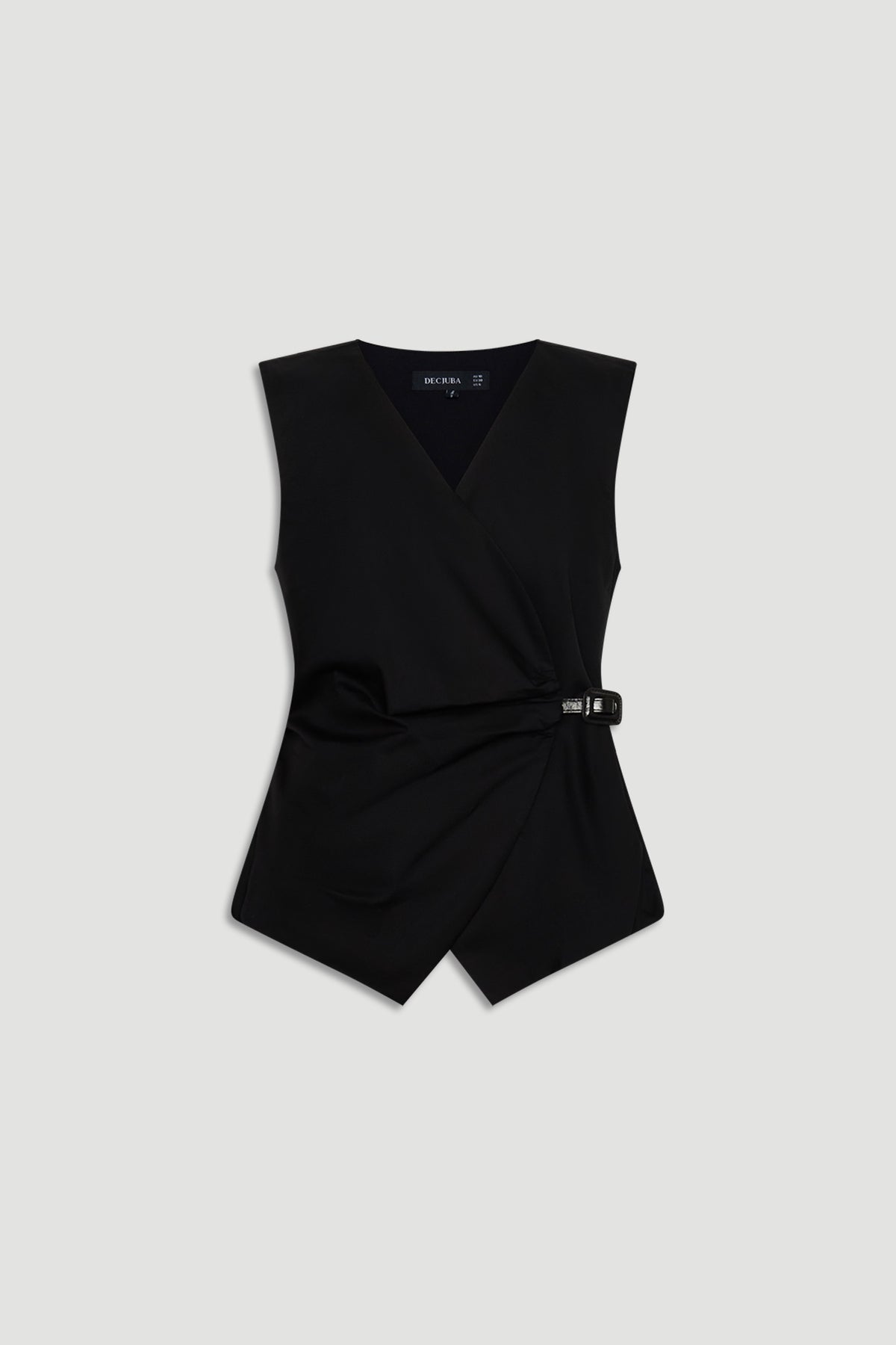 Ava Belted Wrap Top in black with sleeveless silhouette, V-neckline, and side buckle detail by DECJUBA