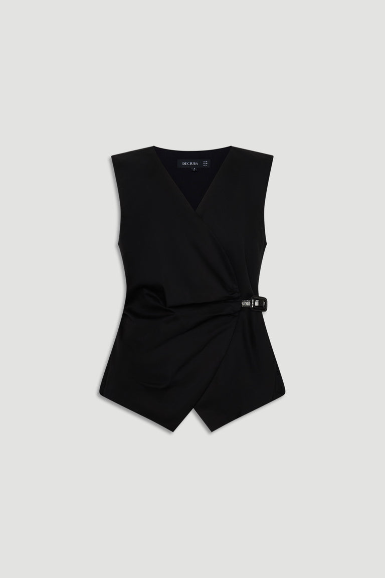 Ava Belted Wrap Top in black with sleeveless silhouette, V-neckline, and side buckle detail by DECJUBA