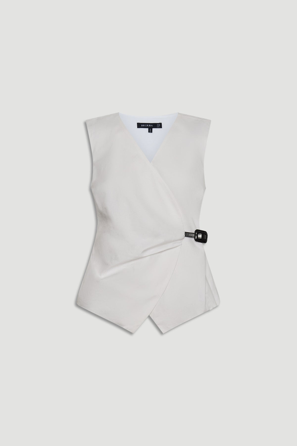 Ava Belted Wrap Top in soft white with sleeveless design, stylish side buckle, and flattering asymmetrical hem by DECJUBA