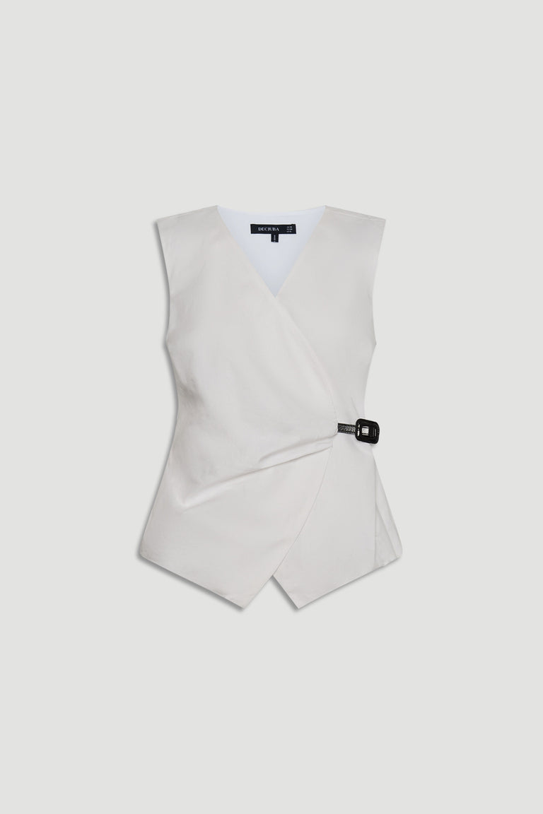 Ava Belted Wrap Top in soft white with sleeveless design, stylish side buckle, and flattering asymmetrical hem by DECJUBA