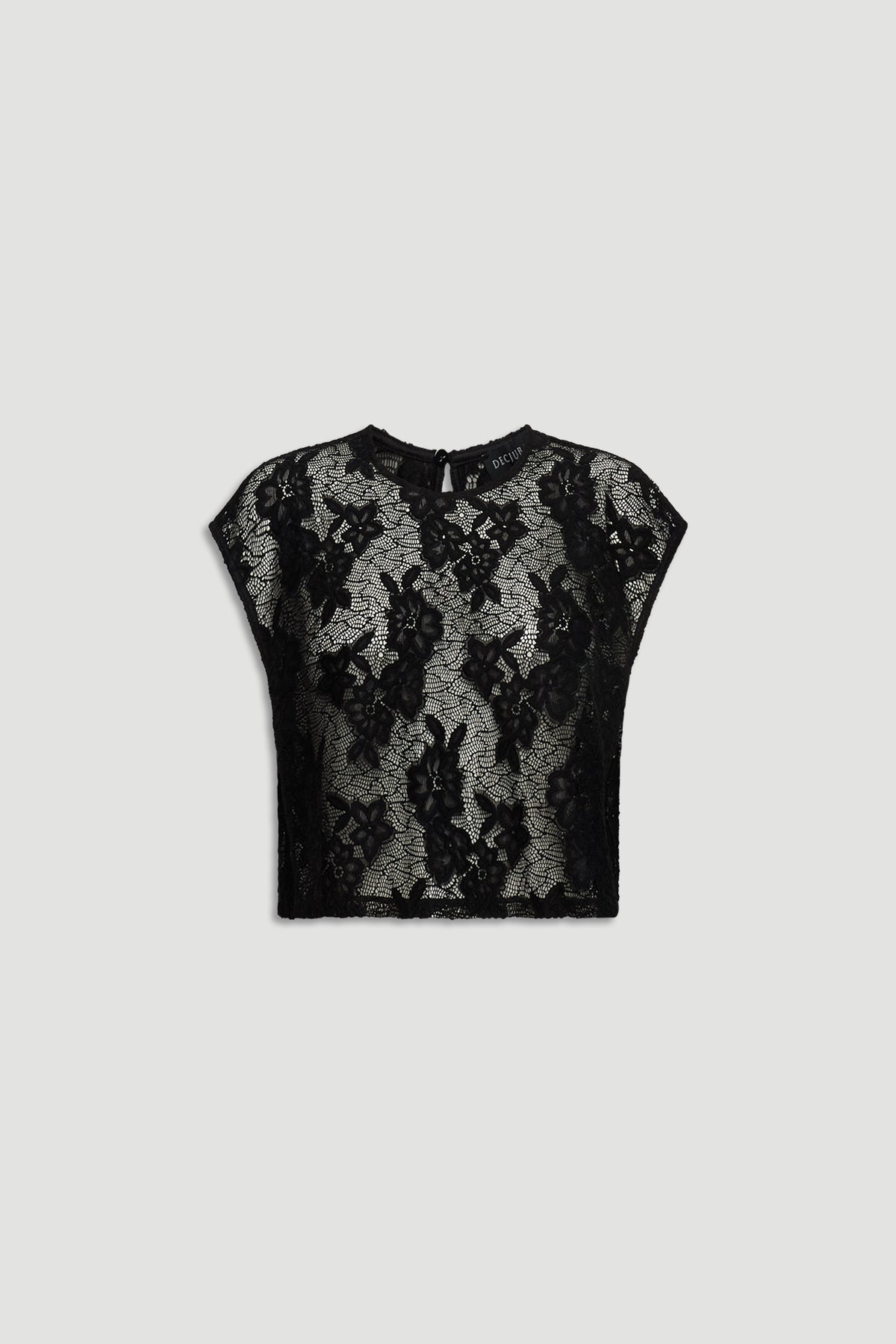 Lace Cropped Top in black floral lace with cap sleeves and delicate sheer detailing by DECJUBA Australian fashion brand