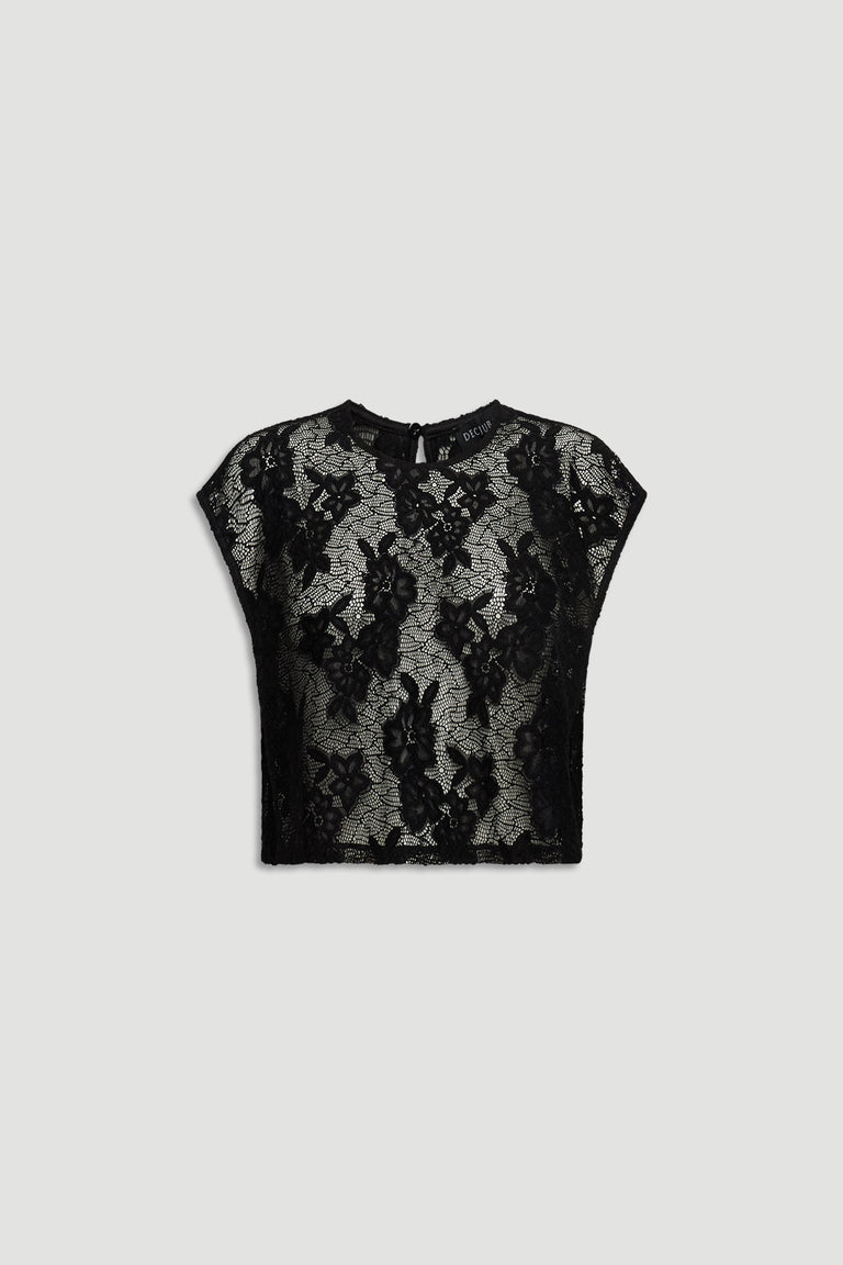 Lace Cropped Top in black floral lace with cap sleeves and delicate sheer detailing by DECJUBA Australian fashion brand