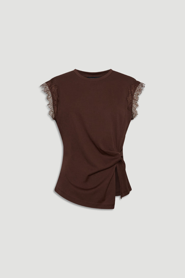 Brown short-sleeve top with lace trim on sleeves and a gathered detail at the waist on a plain background