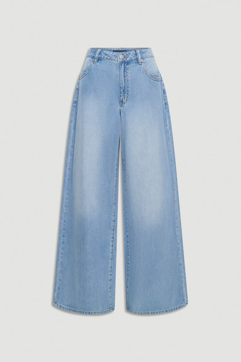 Light wash wide-leg jeans with a high waist and classic five-pocket styling for a modern relaxed fit.