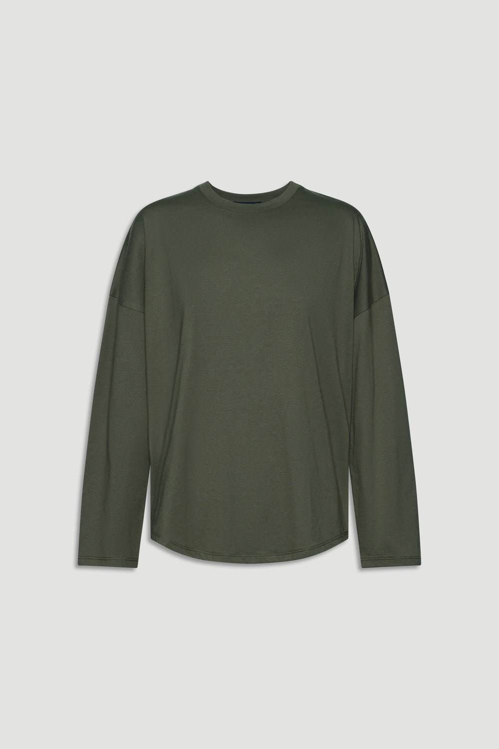 Olive green long sleeve top with a relaxed fit and crew neckline, offering casual everyday comfort.