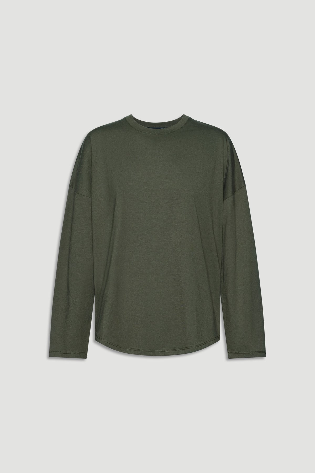 Olive green long sleeve top with a relaxed fit and crew neckline, offering casual everyday comfort.