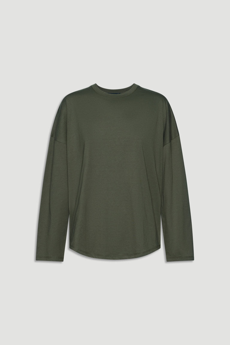 Olive green long sleeve top with a relaxed fit and crew neckline, offering casual everyday comfort.