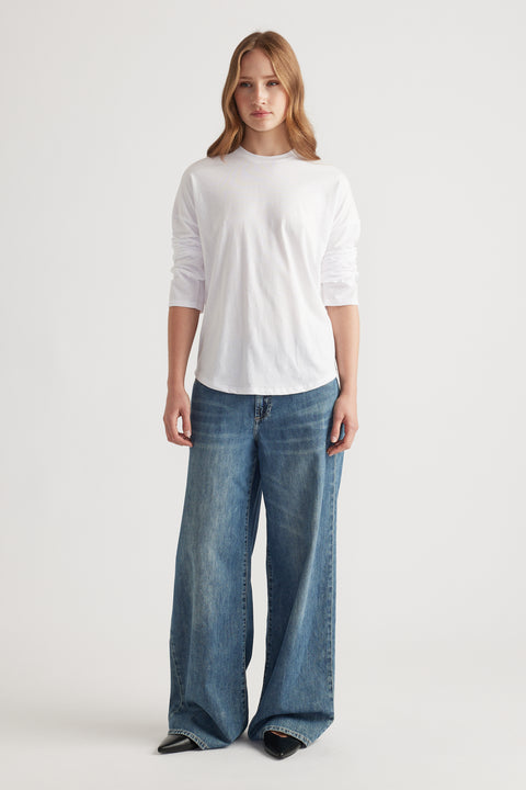 Woman wearing a classic white long sleeve top paired with loose wide-leg blue denim jeans and black pointed shoes