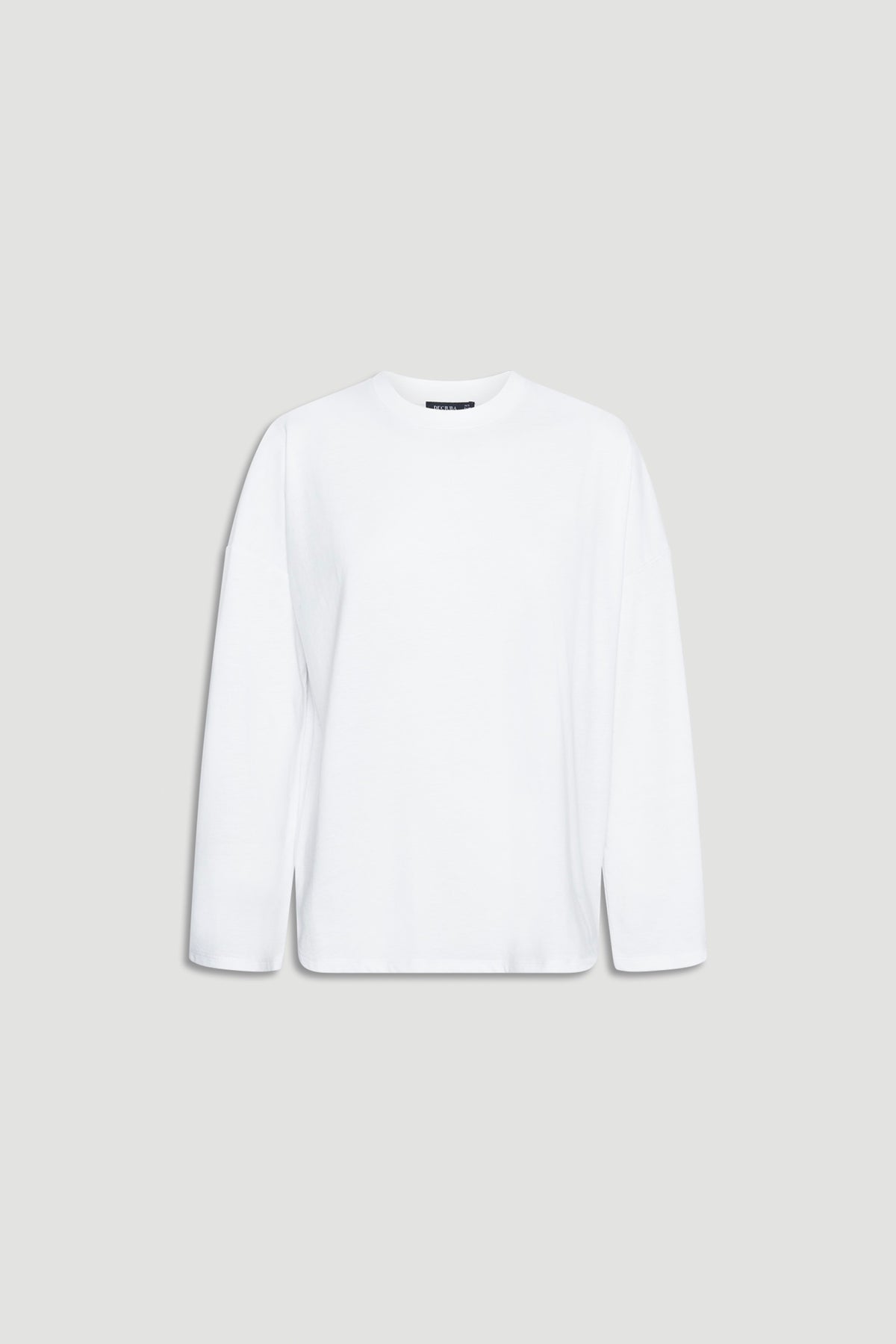 Minimalist white long sleeve top with a relaxed fit, perfect for layering or casual wear.