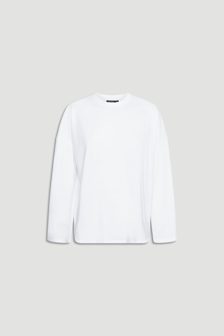Minimalist white long sleeve top with a relaxed fit, perfect for layering or casual wear.