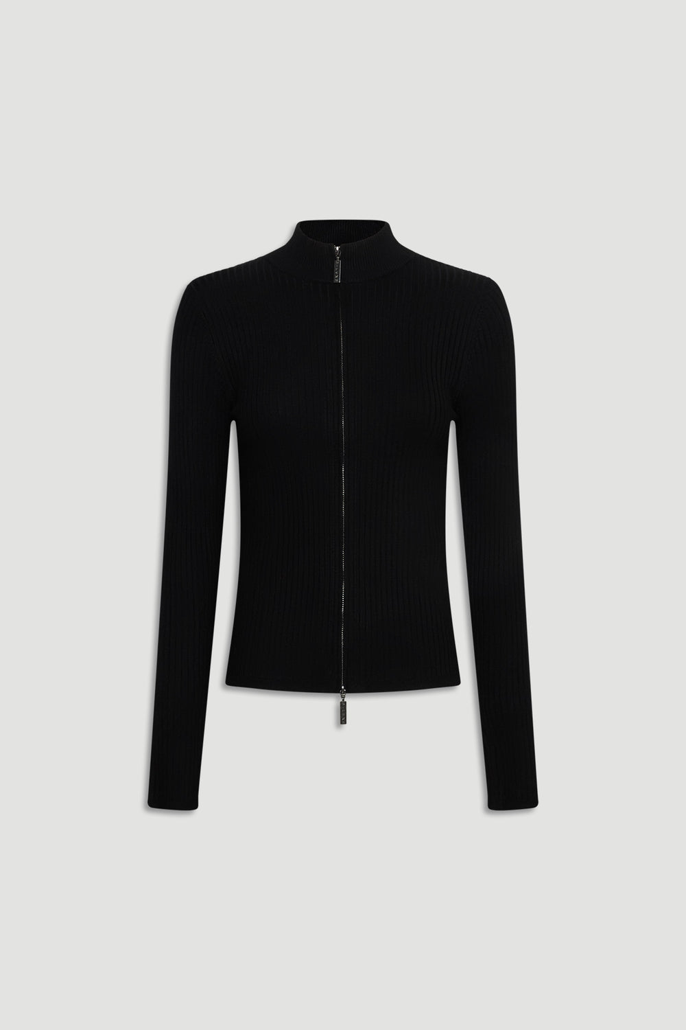 Black D-Luxe Knit Zip Long Sleeve with fitted silhouette, ribbed texture, and silver zipper detail for sleek everyday wear.