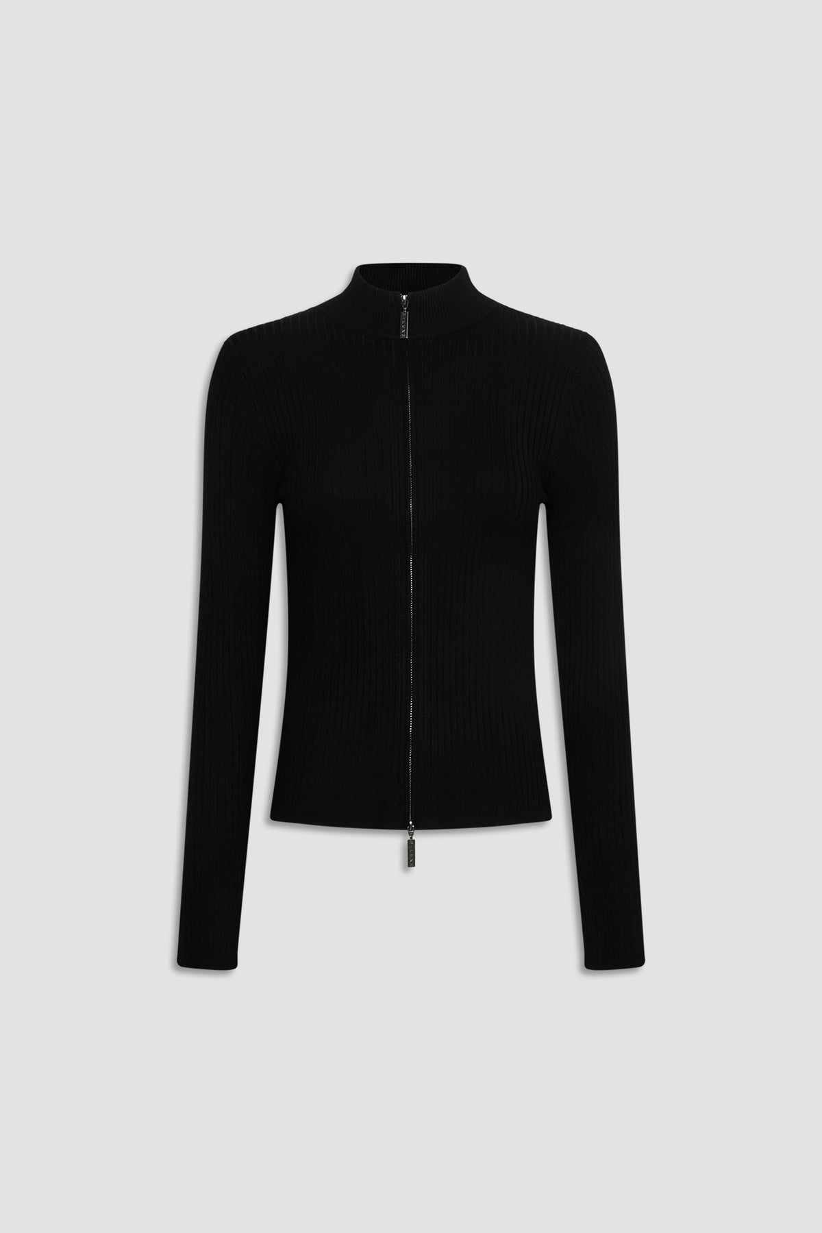 Black D-Luxe Knit Zip Long Sleeve with fitted silhouette, ribbed texture, and silver zipper detail for sleek everyday wear.