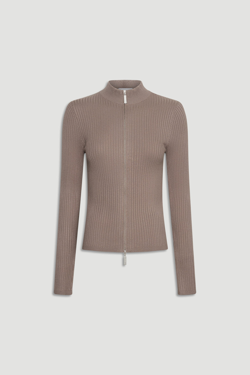 D-Luxe Knit Zip Long Sleeve in a warm dune tone with a sleek ribbed texture and high collar zipper detail