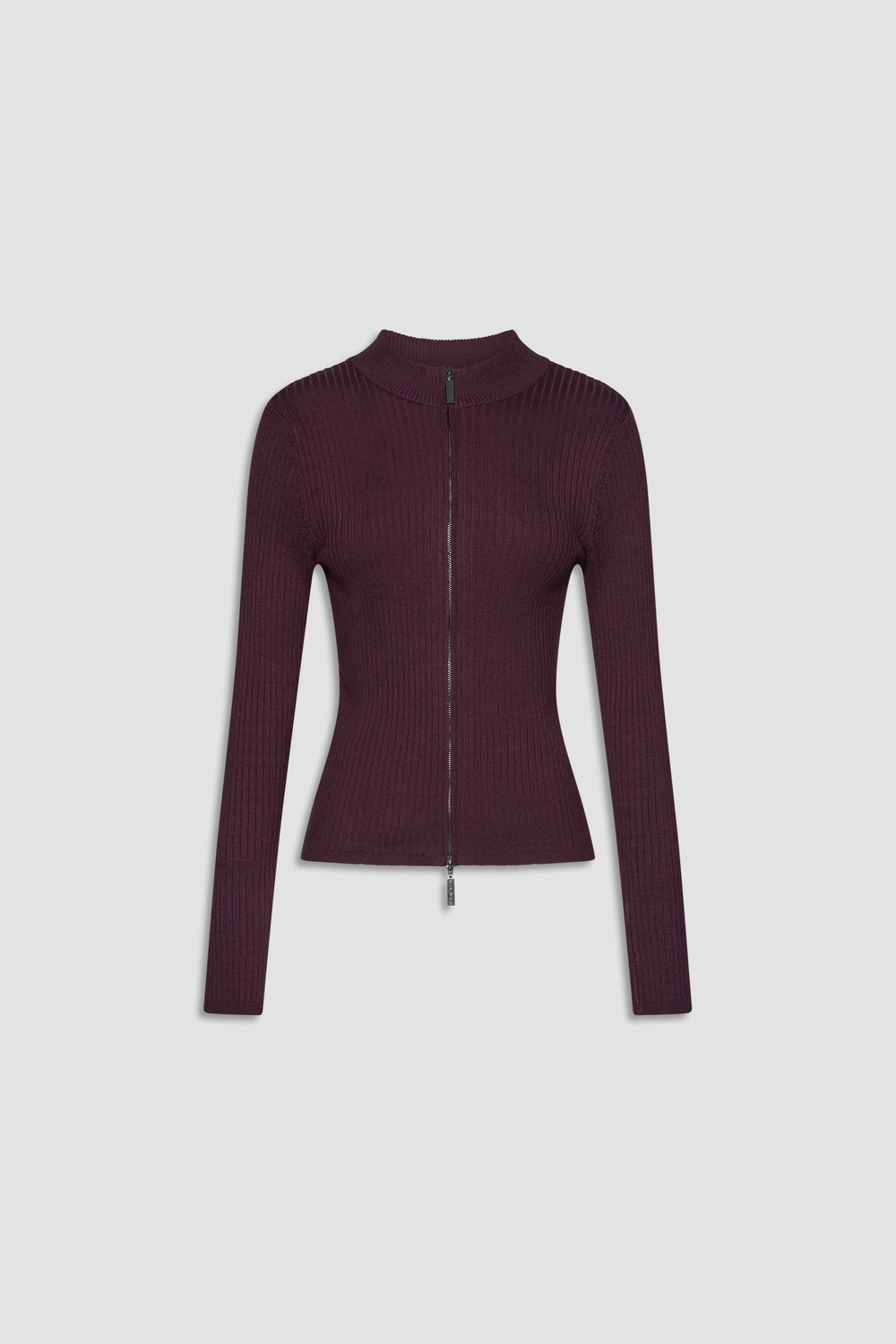 Long-sleeve ribbed knit top in rich deep cherry with a sleek front zipper and a fitted silhouette
