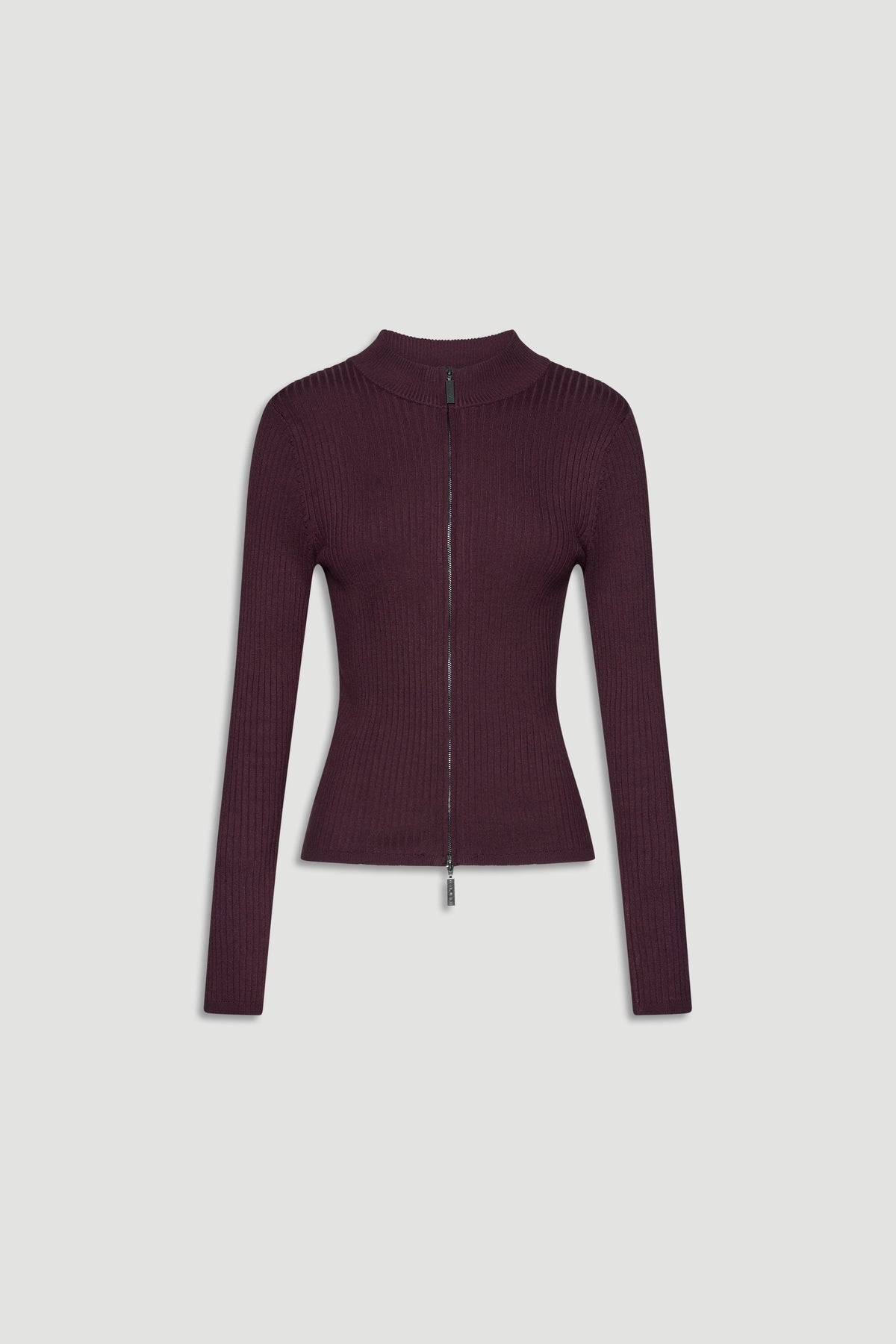 Long-sleeve ribbed knit top in rich deep cherry with a sleek front zipper and a fitted silhouette