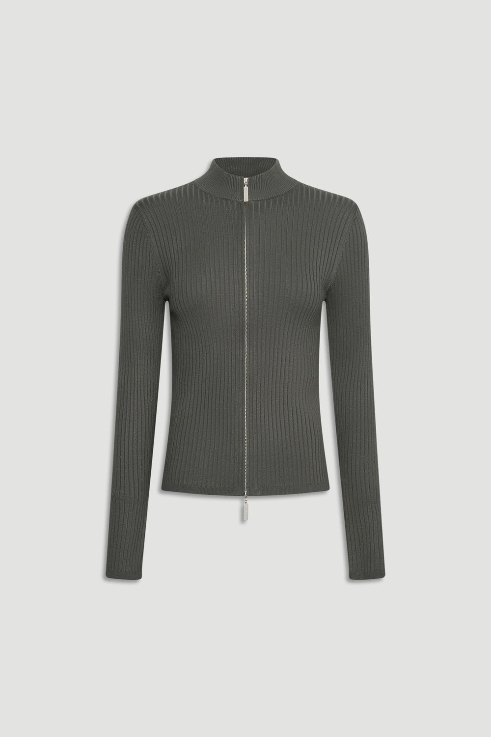 D-Luxe Knit Zip Long Sleeve in thyme green with ribbed texture and high neckline, perfect for versatile layering by DECJUBA