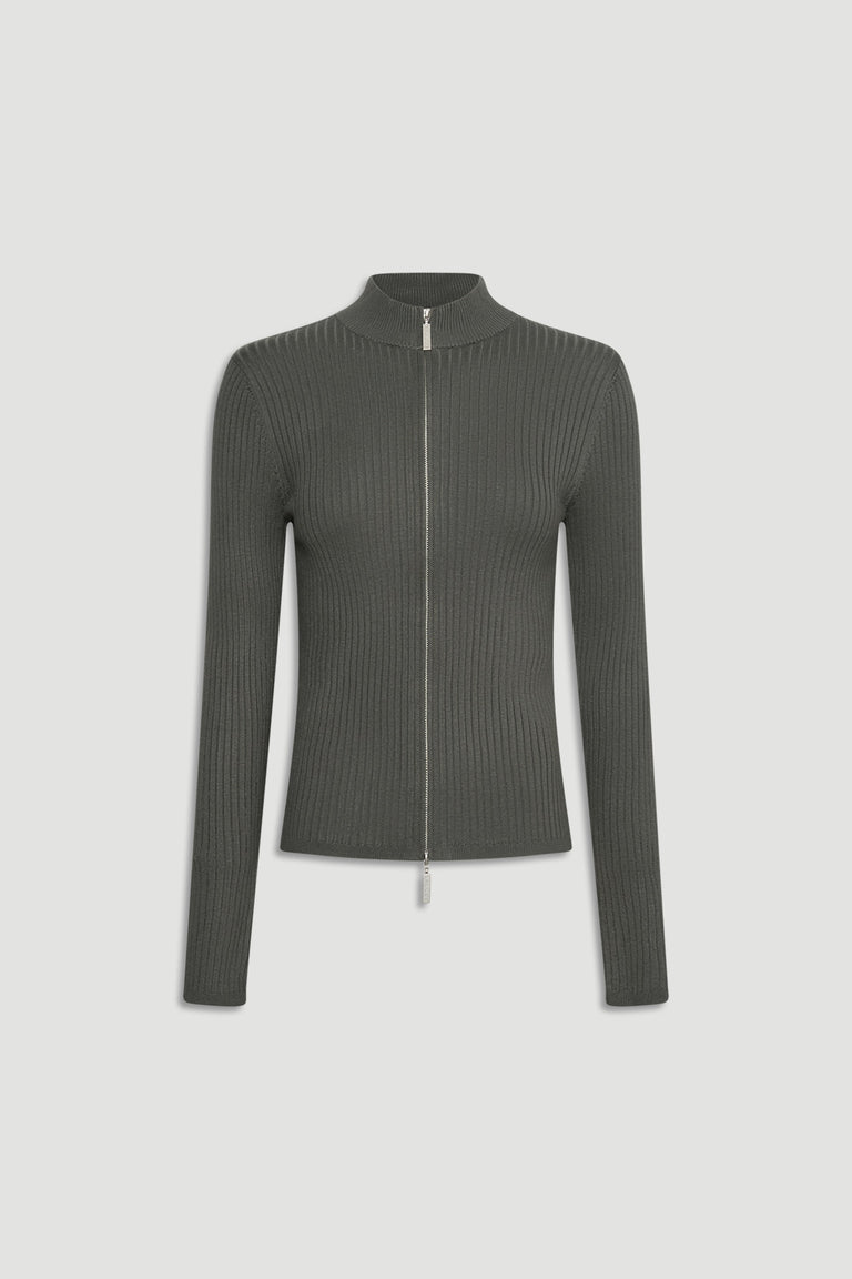 D-Luxe Knit Zip Long Sleeve in thyme green with ribbed texture and high neckline, perfect for versatile layering by DECJUBA