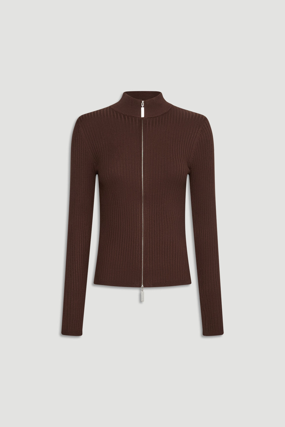 D-Luxe Knit Zip Long Sleeve in rich walnut brown with ribbed texture and sleek front zipper for a polished, versatile look by DECJUBA.