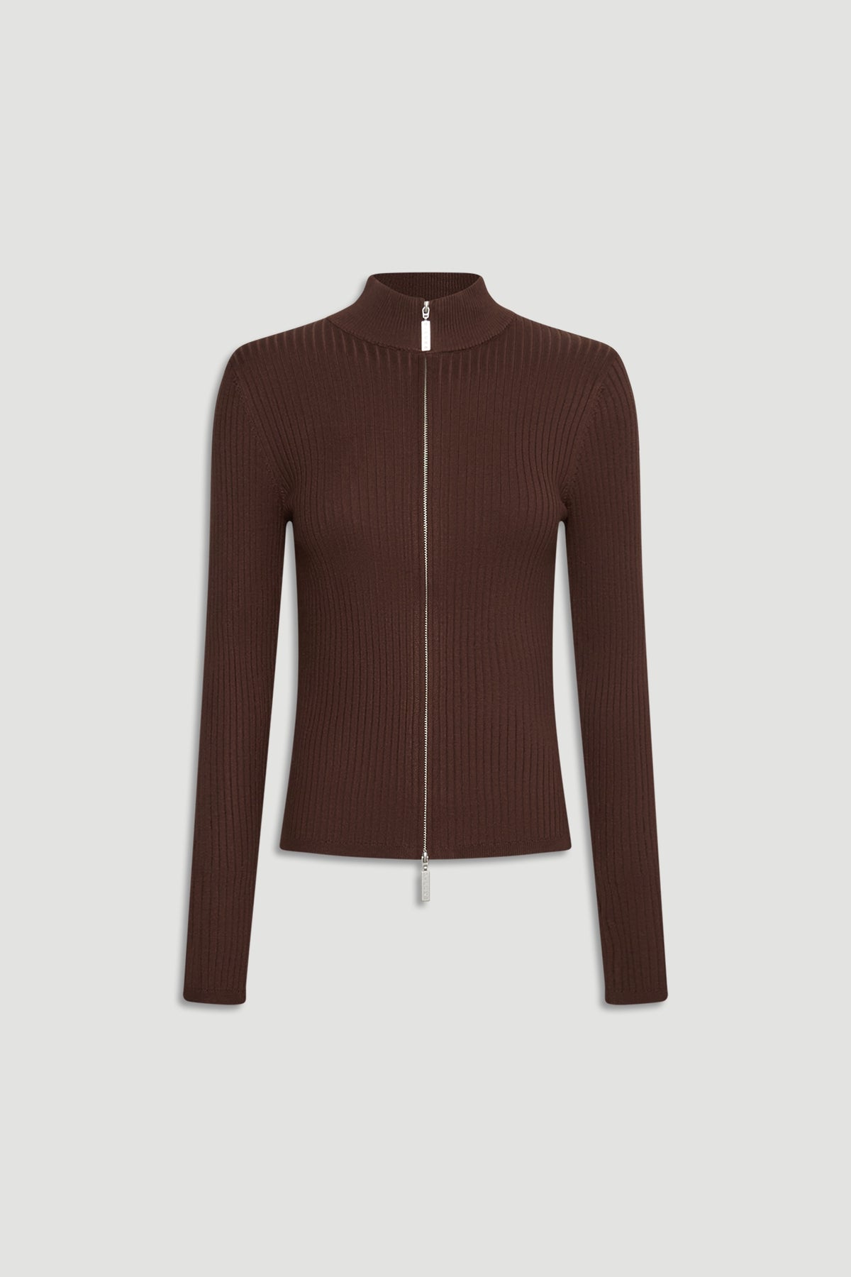 D-Luxe Knit Zip Long Sleeve in rich walnut brown with ribbed texture and sleek front zipper for a polished, versatile look by DECJUBA.