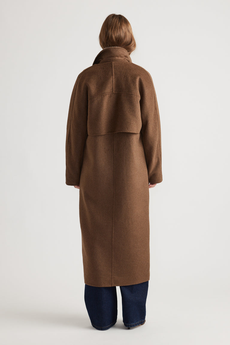 Back view of Lucia Felled Two Piece Coat in warm chocolate brown with relaxed fit and clean seam details from Decjuba.