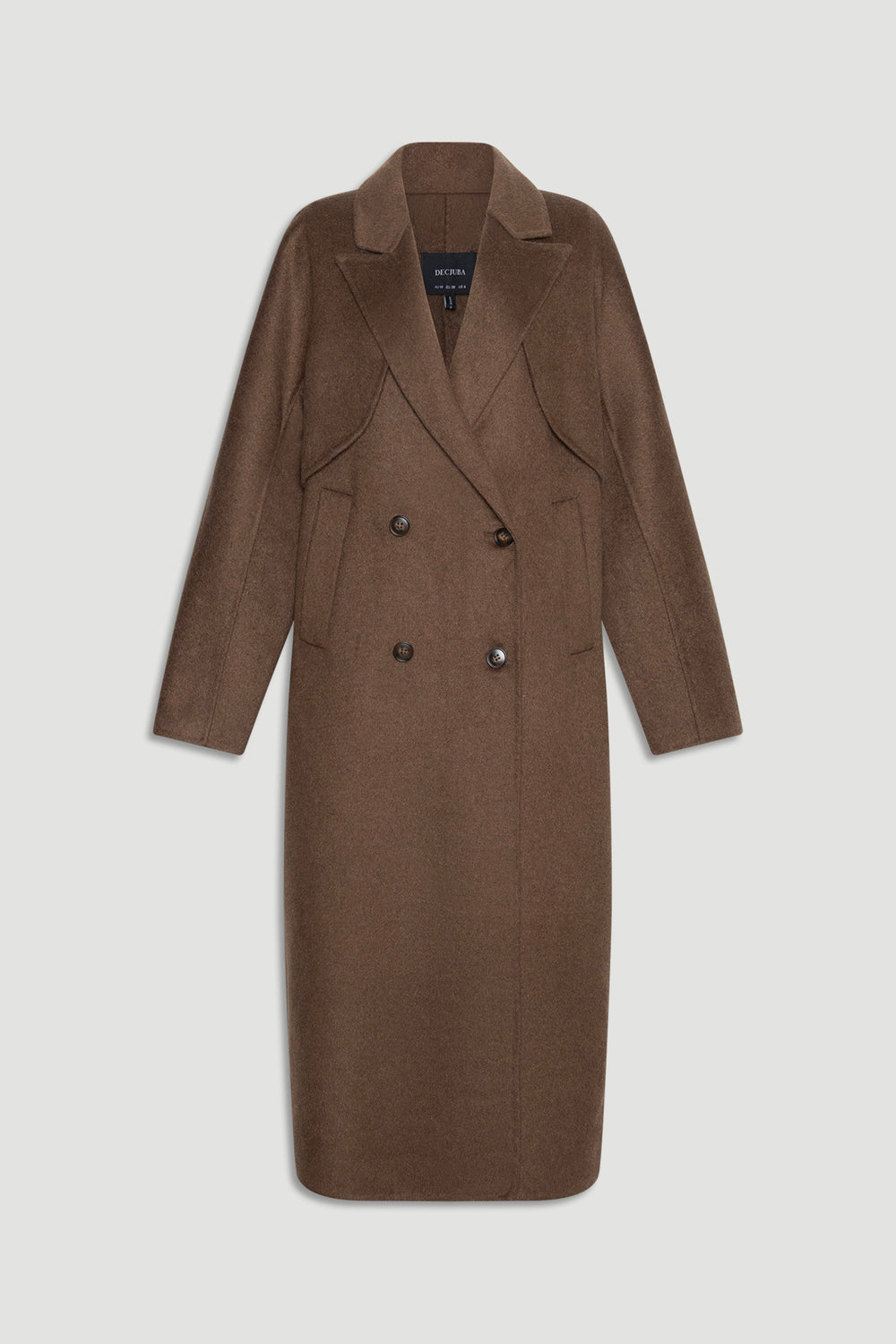 Lucia Felled Two Piece Coat in rich chocolate brown with double-breasted buttons and tailored lapels for a refined silhouette
