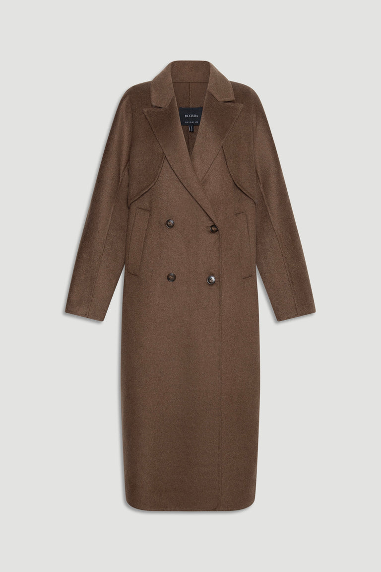Lucia Felled Two Piece Coat in rich chocolate brown with double-breasted buttons and tailored lapels for a refined silhouette