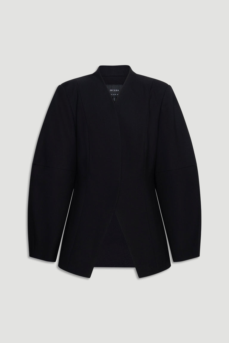 Ruby Barrel Sleeve Blazer in black with structured shoulders and tailored fit for a sleek and modern everyday look by DECJUBA.