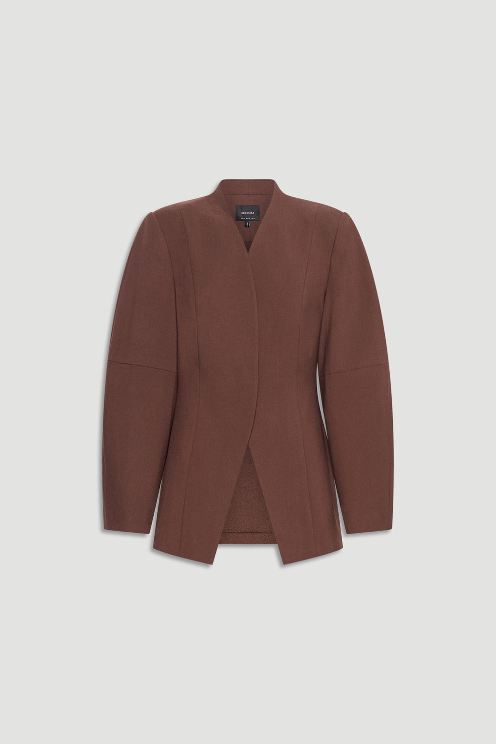 Ruby Barrel Sleeve Blazer in warm coffee brown with structured shoulders and a sleek, modern silhouette by DECJUBA.