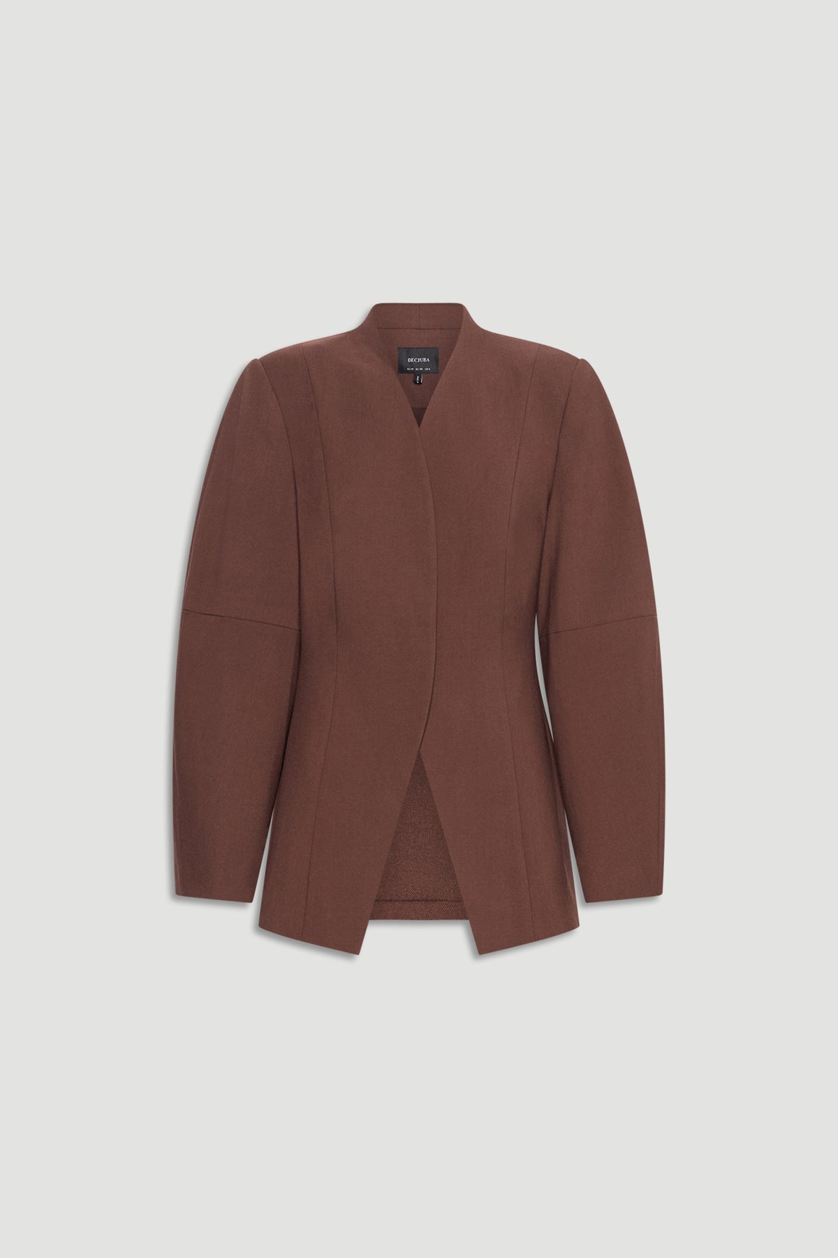 Ruby Barrel Sleeve Blazer in warm coffee brown with structured shoulders and a sleek, modern silhouette by DECJUBA.