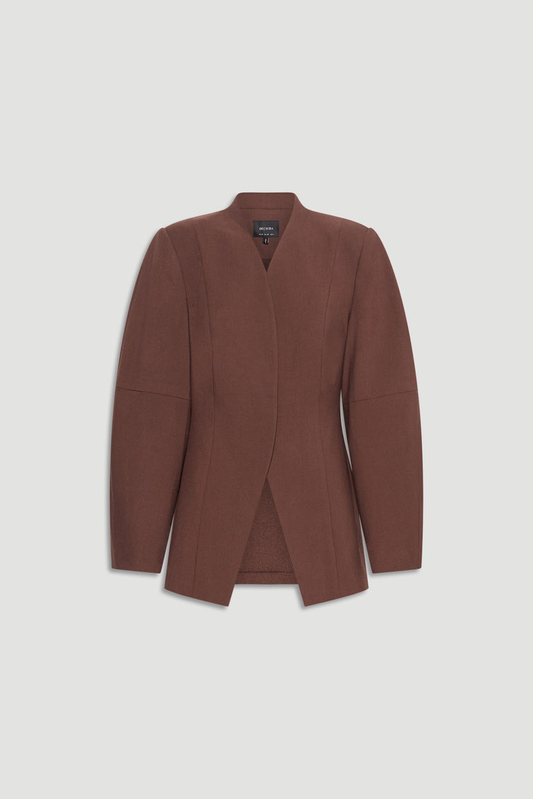 Ruby Barrel Sleeve Blazer in warm coffee brown with structured shoulders and a sleek, modern silhouette by DECJUBA.