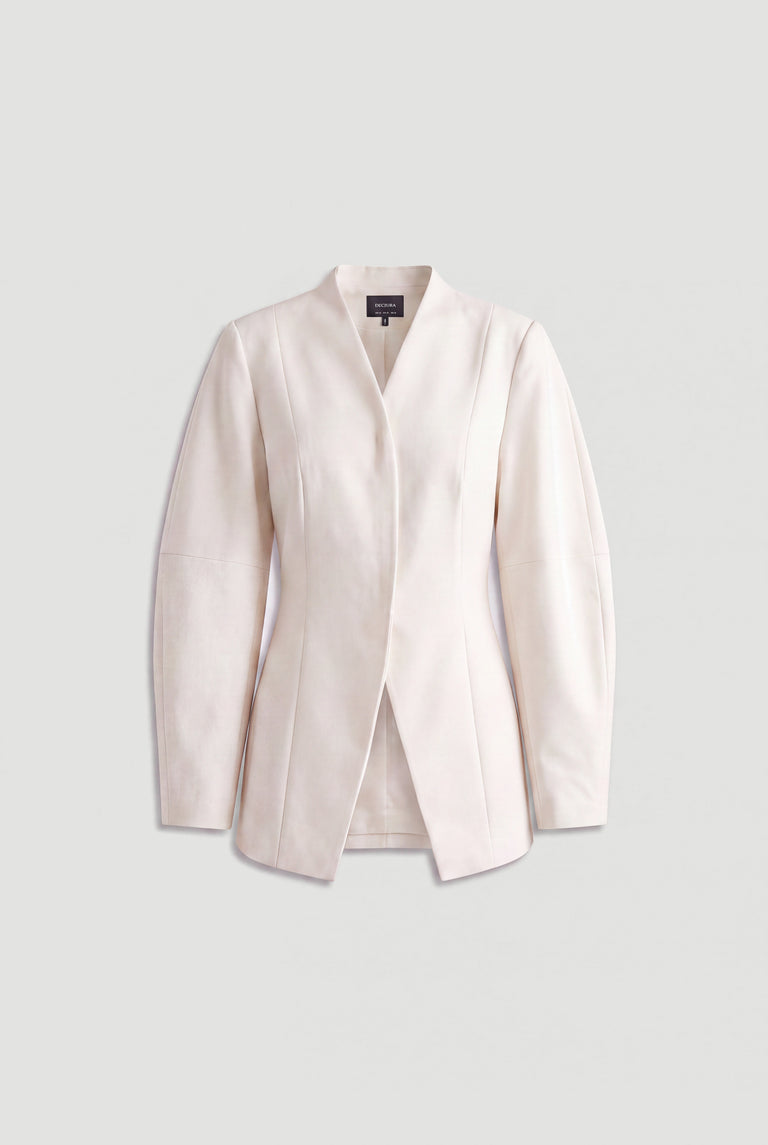 Blush tailored blazer with long barrel sleeves, a collarless neckline and concealed button closure