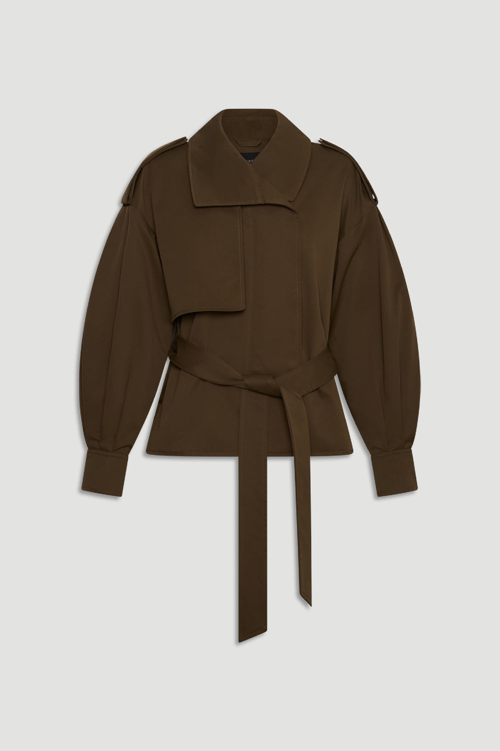 Cypress green cropped trench coat with voluminous sleeves, wide lapel, shoulder tabs, and a self-tie belt for a polished fit