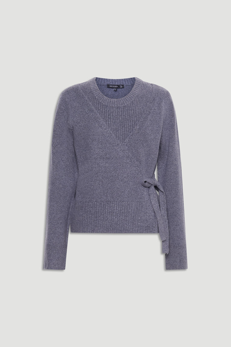 Tamica Layered Jumper in soft shadow blue with knitted wrap detail and side tie, perfect for layering in cooler weather.