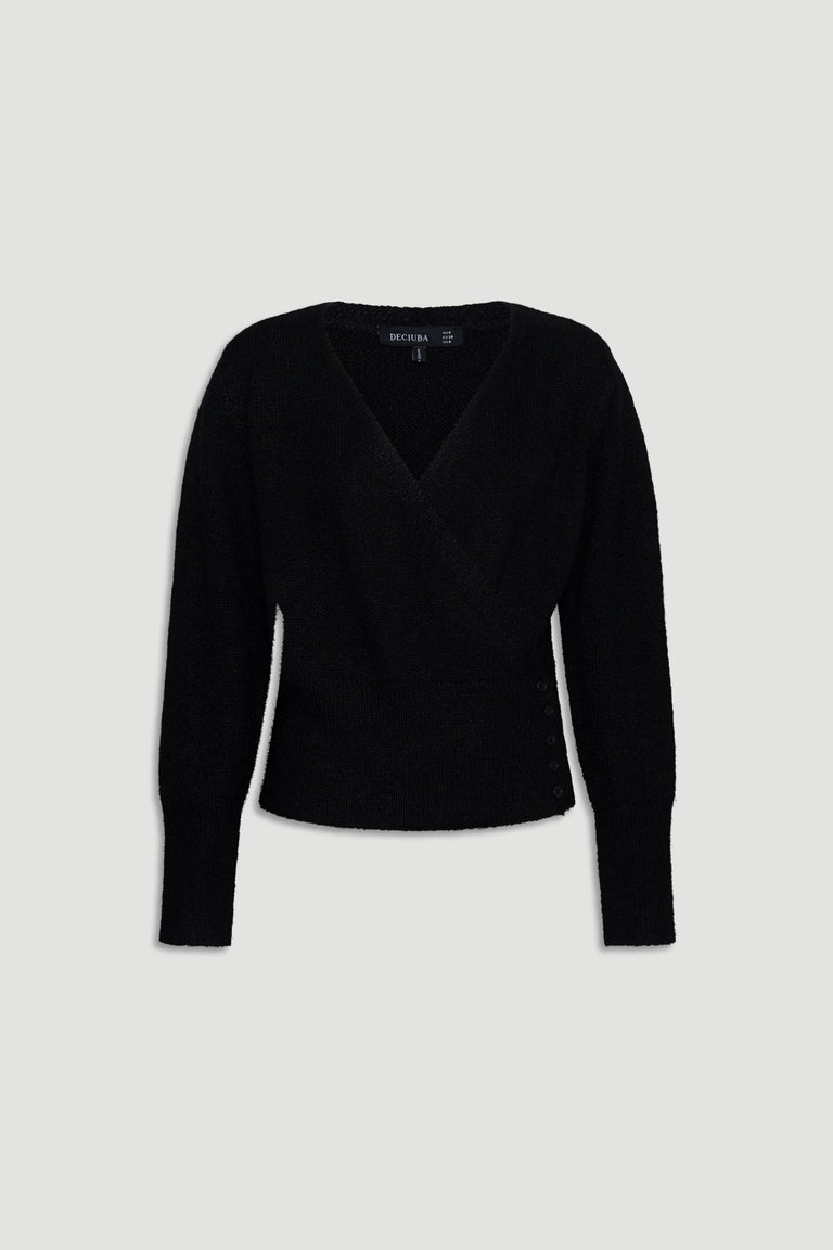 Soft black knit cardigan with a crossover front and subtle button detailing on the side for a flattering fit