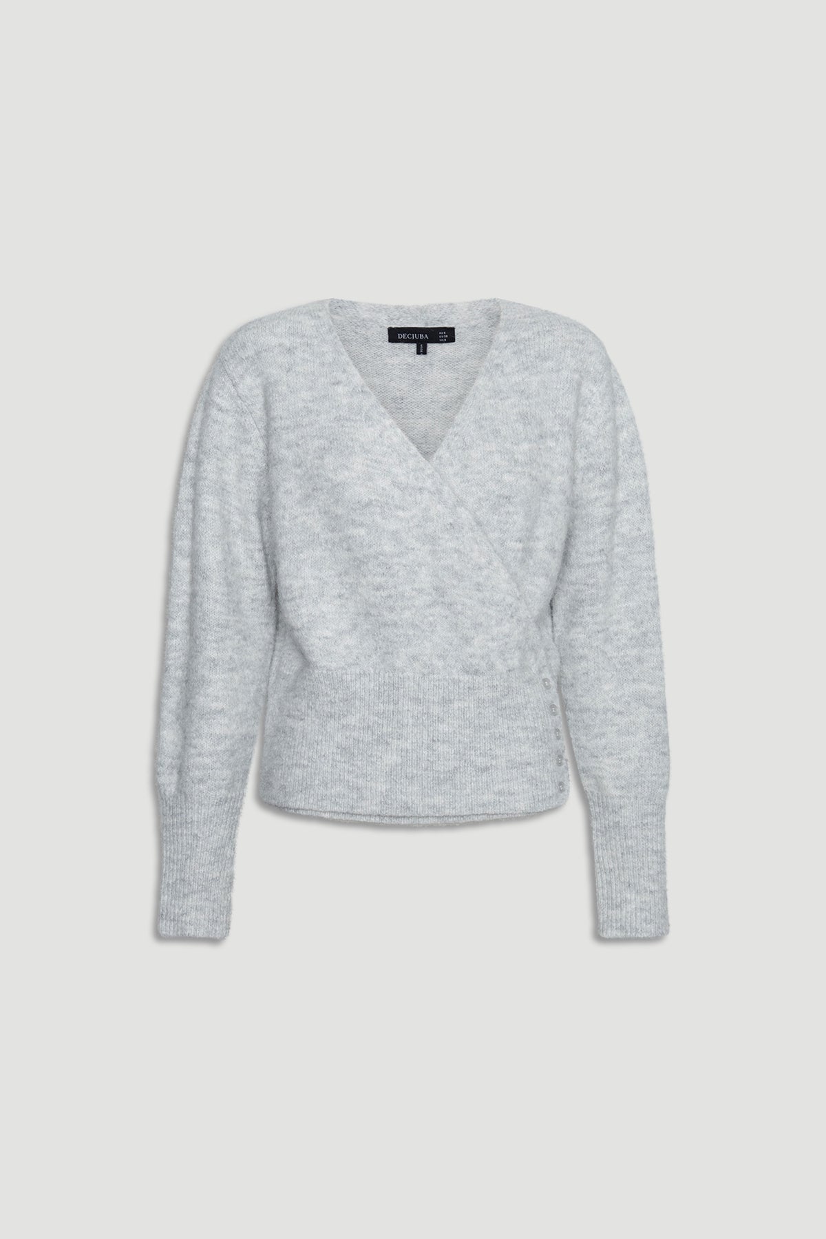 Light grey knit sweater with a soft crossover front and long ribbed cuffs for a cozy, polished look