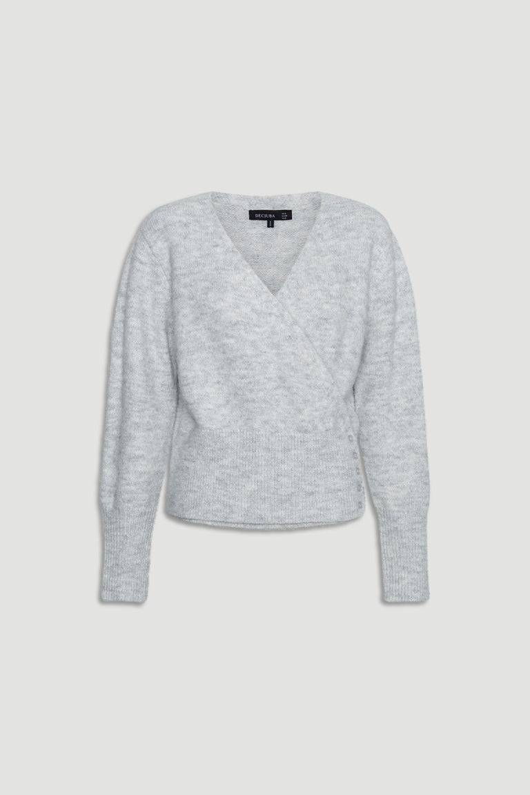 Light grey knit sweater with a soft crossover front and long ribbed cuffs for a cozy, polished look