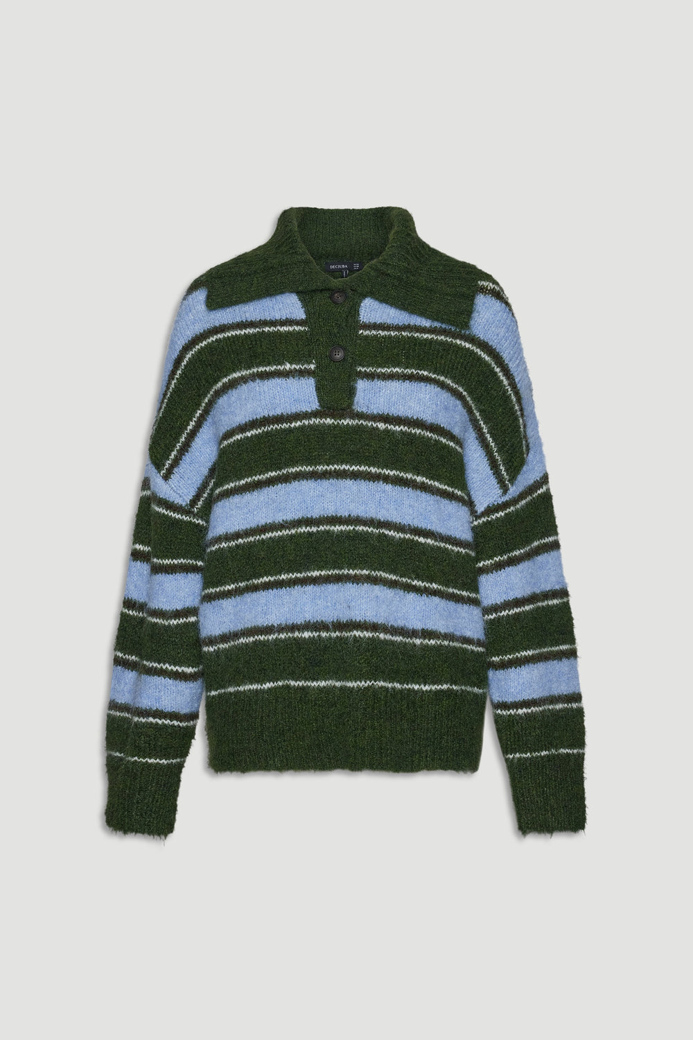 Chunky knit polo jumper featuring bold green and soft blue stripes for a cozy, stylish everyday look.