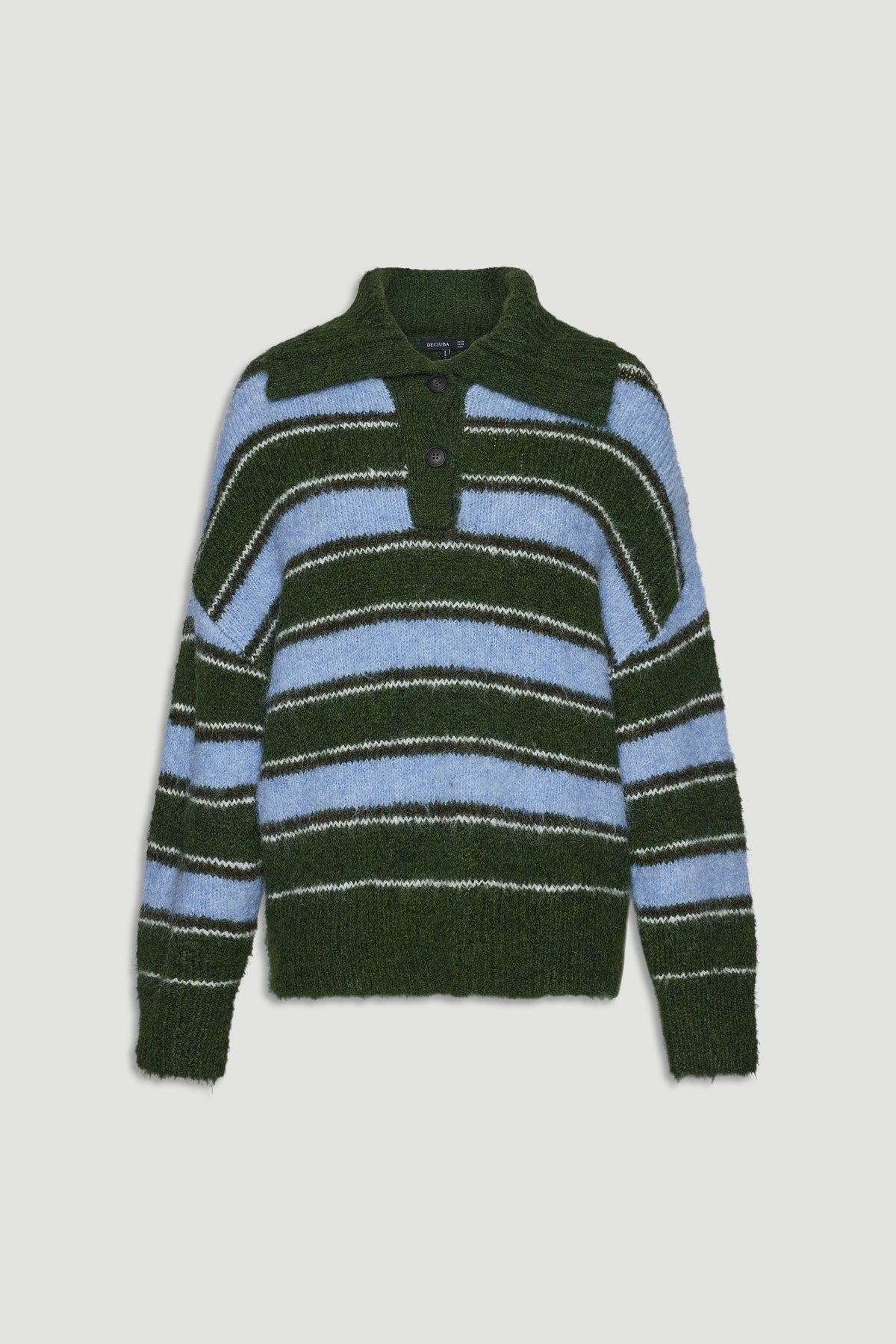 Chunky knit polo jumper featuring bold green and soft blue stripes for a cozy, stylish everyday look.