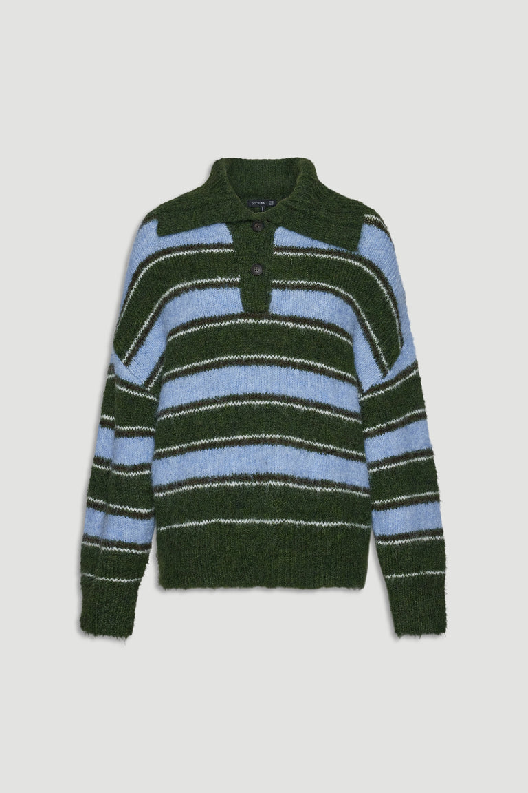 Chunky knit polo jumper featuring bold green and soft blue stripes for a cozy, stylish everyday look.