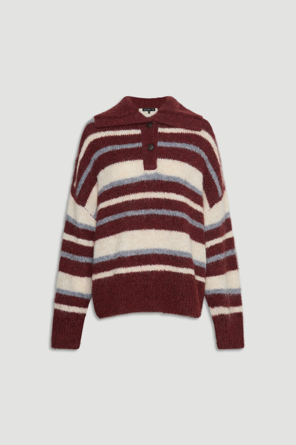 Riley Knit Polo featuring soft textured knit with maroon, cream, and blue stripes and buttoned placket by DECJUBA Australian brand