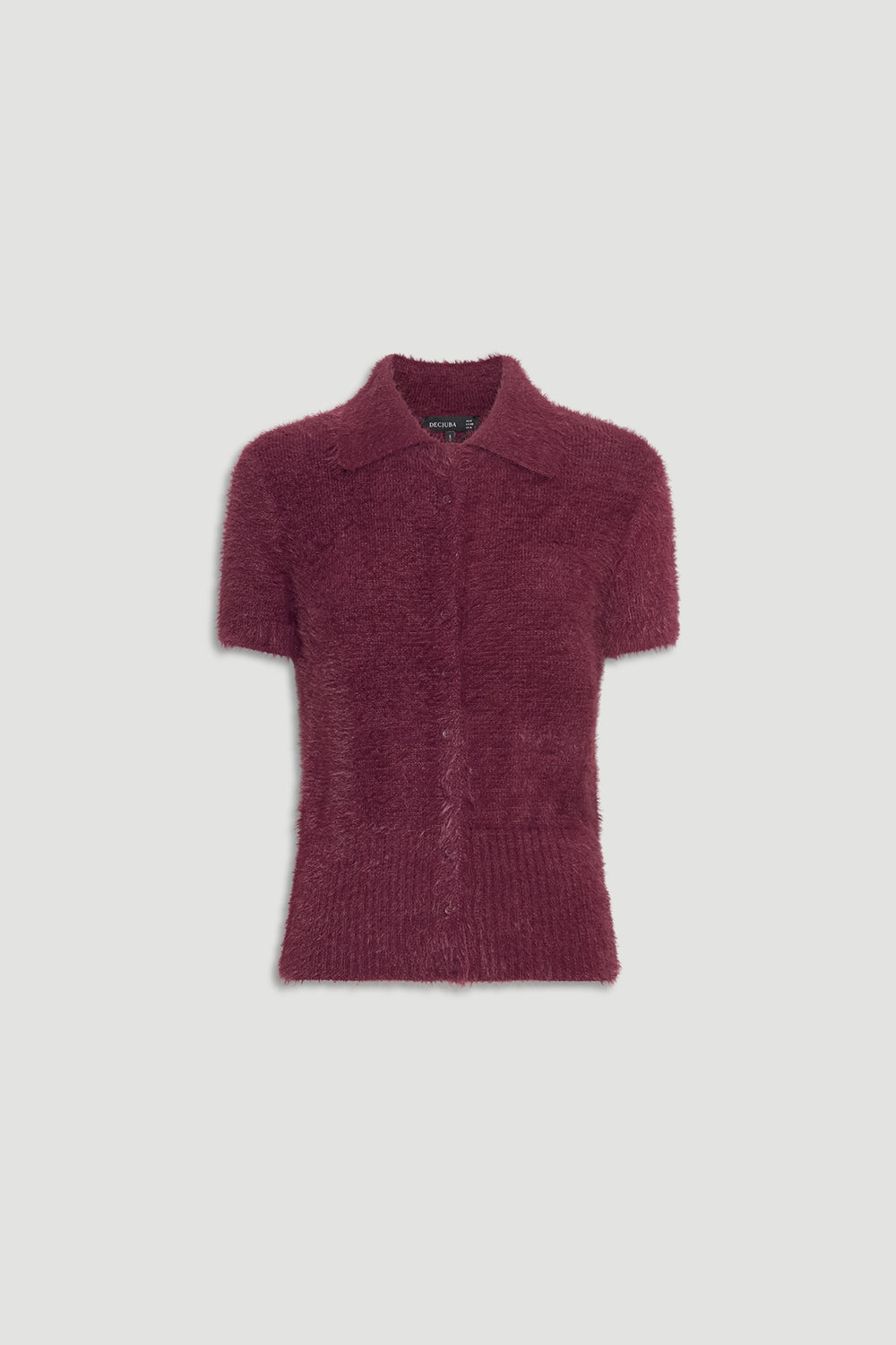 Rosie Fluffy Knit Polo Tee in deep plum with soft, textured knit and short sleeves for a cozy, stylish layering piece.