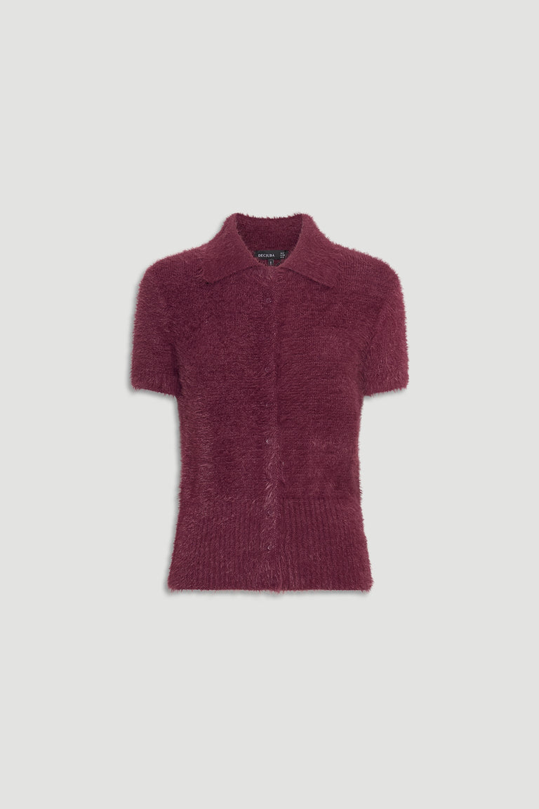 Rosie Fluffy Knit Polo Tee in deep plum with soft, textured knit and short sleeves for a cozy, stylish layering piece.